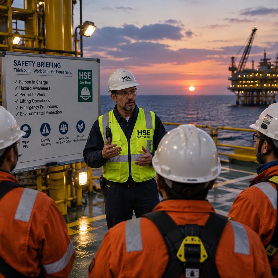 Safety advisor giving an offshore HSE briefing on deck