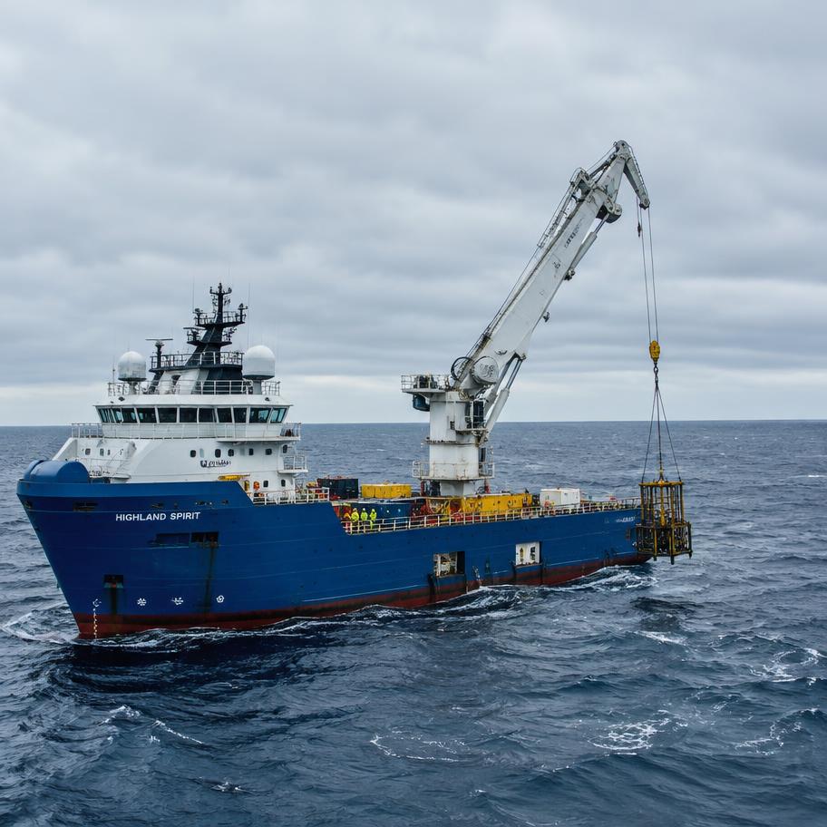Offshore supply vessel with crane operations at sea